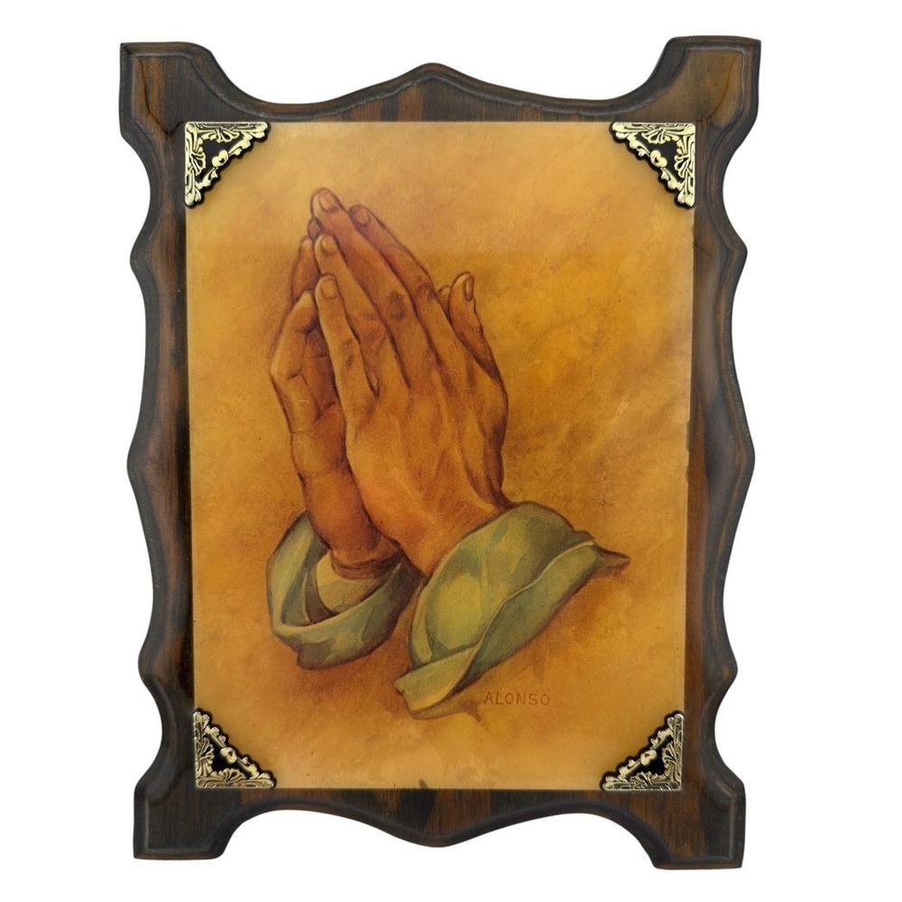 Praying Hands Wood Decoupage Wall Plaque Alonso Vtg Christian Religious Decor